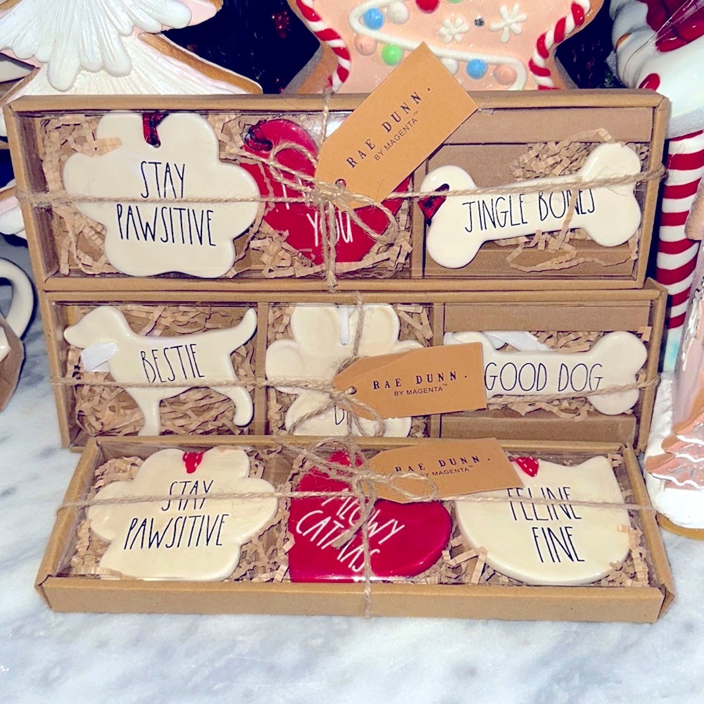 Rae Dunn cat and dog Christmas ornaments